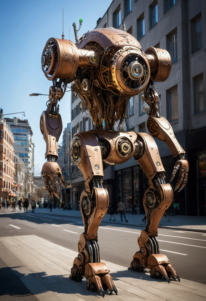 sexy mechanical creature walking in the city, daylight