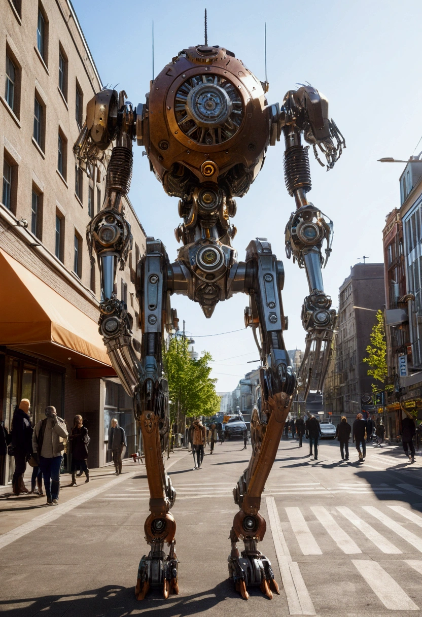 sexy mechanical creature walking in the city, daylight