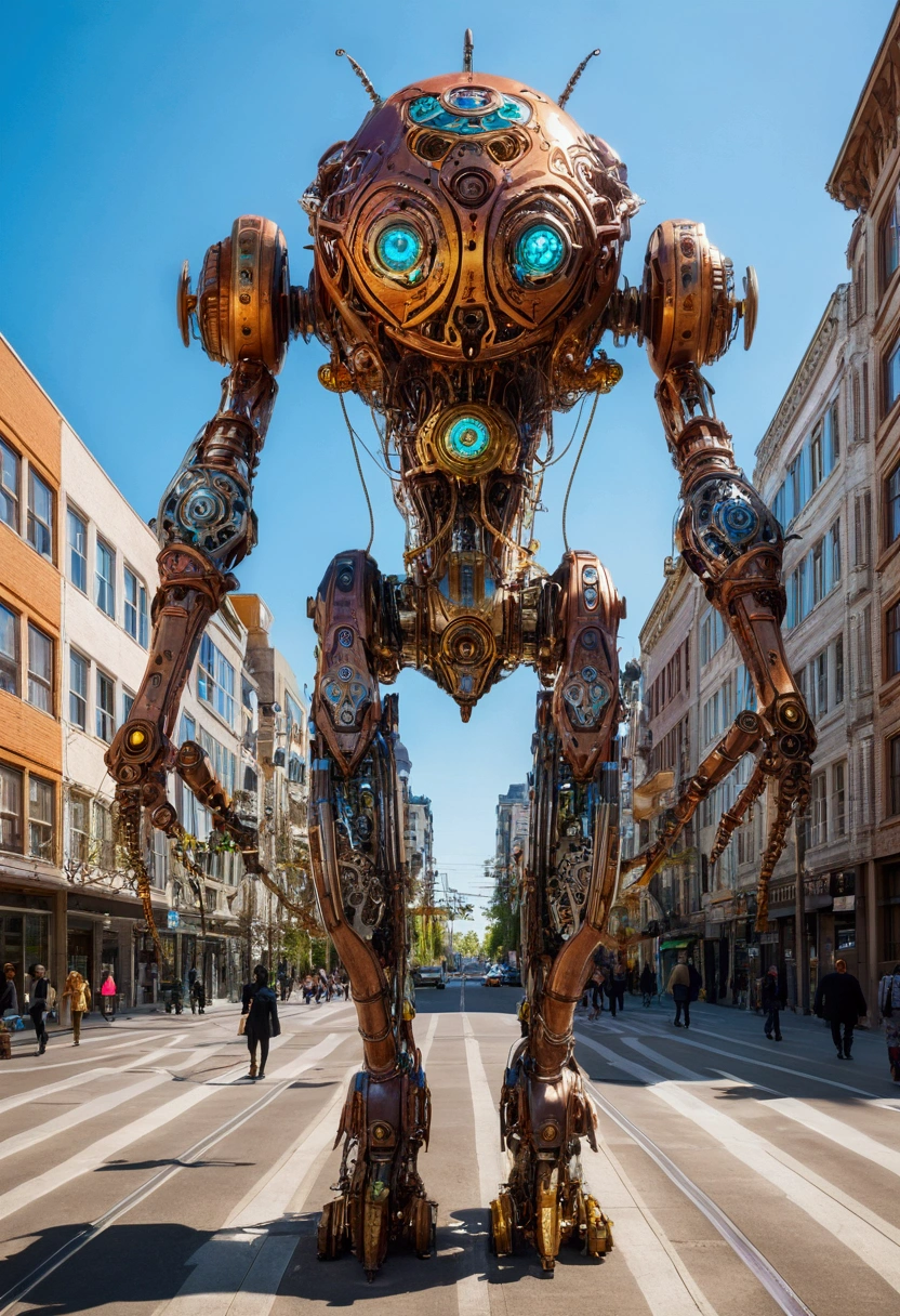sexy mechanical creature walking in the city, daylight