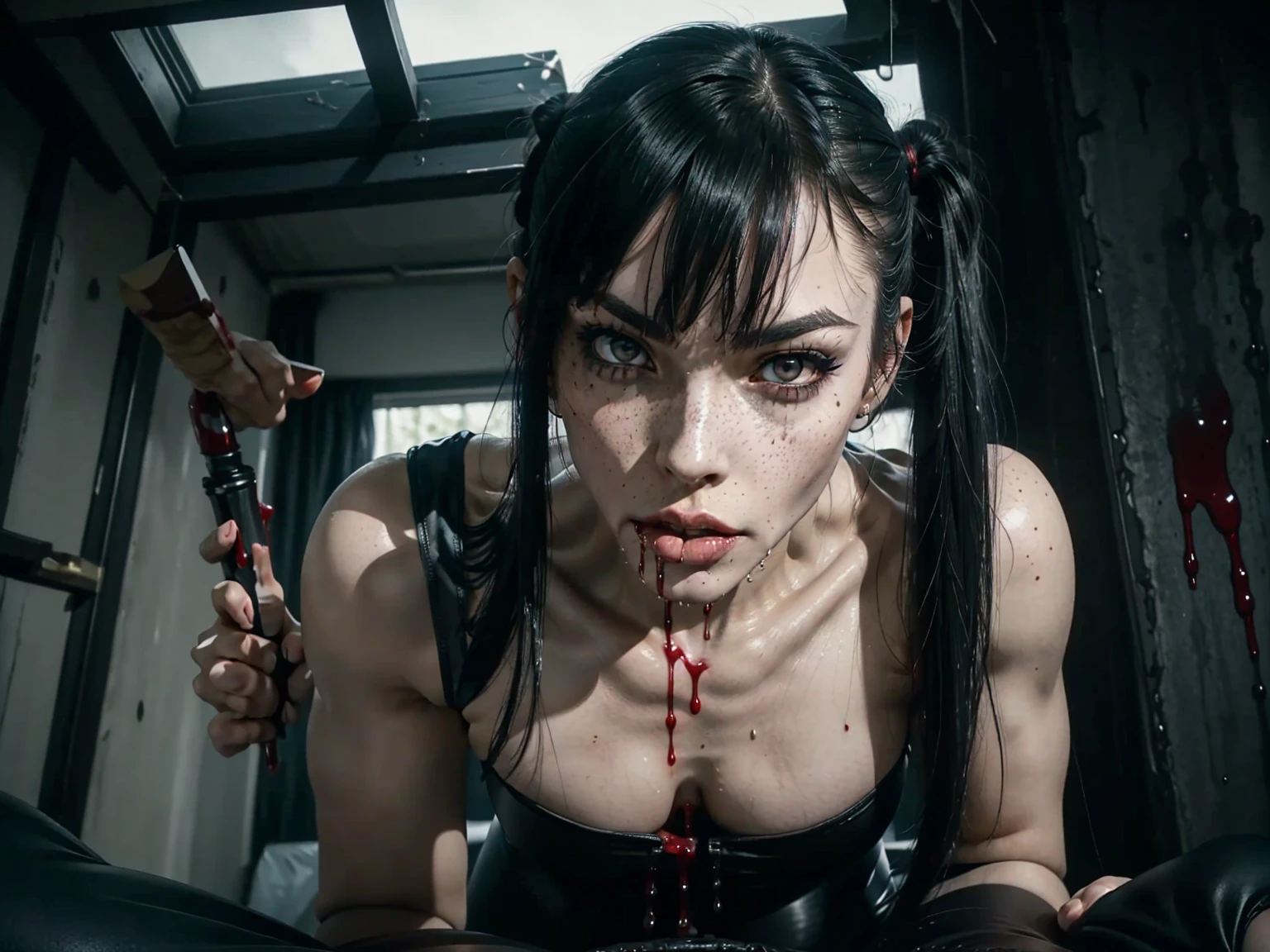 (((red dripping blood))), Her full body is shown giving a deep Blowjob, (She is sucking on a man's penis to the hilt), she is biting into a man's penis with her sharp fangs intense, super slutty,, POV imamate insertion, (skintight slutty and revealing bodysuit), helpless and at a giantesses mercy ,the 2 women are looking down at you at their feet, ((POV from a Giantess's soon to be human dildo)), ((skirt/pantyhose)), perfect legs and skinny thighs, pantyhose, ((perfect tight ass)), tight wet pussy, giantess, dread, impending death, sex, domination, ((Perfect eyes and face)), ((closed wet full lips)), ((perfect hands and fingers)), ((( a lot of white cum is dripping out of her pussy))), ((she has a skinny and toned strong body)), ((makeup)), ((freckles)), ((perfect eyebrows)), ((sharper edges)), ((perfect scary grey eyes)), perfect intimidating face, slut, sadistic, predatory, better detail on her skin, perfect face and strong jawline, perfect full wet lips, sadistic atmosphere, wet sweaty skin, more detail, beautiful intimidating grey eyes, ((beautiful horror)), better lighting, more toned muscles, perfect detail on her intimidating eyes, very tight underwear, ((tight pussy)), (((tighter clothing))), slutty, intense, perfect detail, tight and sexy, ((piercings)), skinny, skinny and strong, more skin showing, intense, slutty, freckles, long skinny perfect legs, scary and intense, she is a skinny and toned 25 year old sexy and perfect and intimidating Japanese/American skinny/tone futuristic evil retribuition alice, pale white skin, eye contact, (full tall body is shown), (((hair with short ponytails and bangs))), , perfect face and eyes, she has a skinny and athletic body wearing pantyhose, only her full body is shown above the viewer looking down at him, perfect face, perfect strong jawline, perfect lips, best resolution, perfect bone structure, femdom, she has a skinny and toned young perfect body and legs, tight stockings