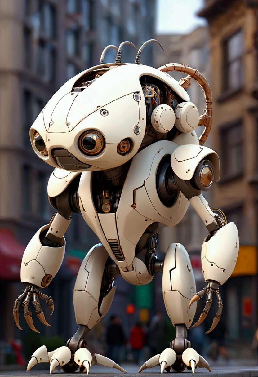 sexy mechanical creature walking in the city, daylight