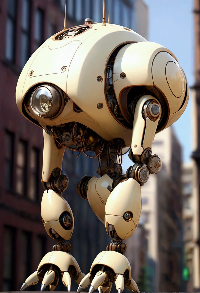 sexy mechanical creature walking in the city, daylight