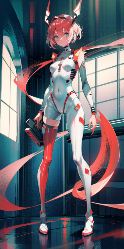 (Best quality:1.2),1 girl,Alone,permanent_,Ayanami Rei,White jumpsuit,Red Eyes,Pilot suits,short hair,Blue Hair,Bangs,Interface Headphones,turtleneck sweater,Hair between the eyes,Pixelated background,Neon lights,Sci-fi color scheme,Vibrant colors,Metallic,Detailed shadows,Holographic interface,Dark atmosphere,High contrast,Clear focus,A strand of hair,shiny reflective surfaces,Exquisite details,high resolution,Studio Lighting,Red embellishment,Lighting environment,Artificial intelligence assistant