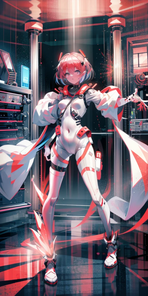 (Best quality:1.2),1 girl,Alone,permanent_,Ayanami Rei,White jumpsuit,Red Eyes,Pilot suits,short hair,Blue Hair,Bangs,Interface Headphones,turtleneck sweater,Hair between the eyes,Pixelated background,Neon lights,Sci-fi color scheme,Vibrant colors,Metallic,Detailed shadows,Holographic interface,Dark atmosphere,High contrast,Clear focus,A strand of hair,shiny reflective surfaces,Exquisite details,high resolution,Studio Lighting,Red embellishment,Lighting environment,Artificial intelligence assistant