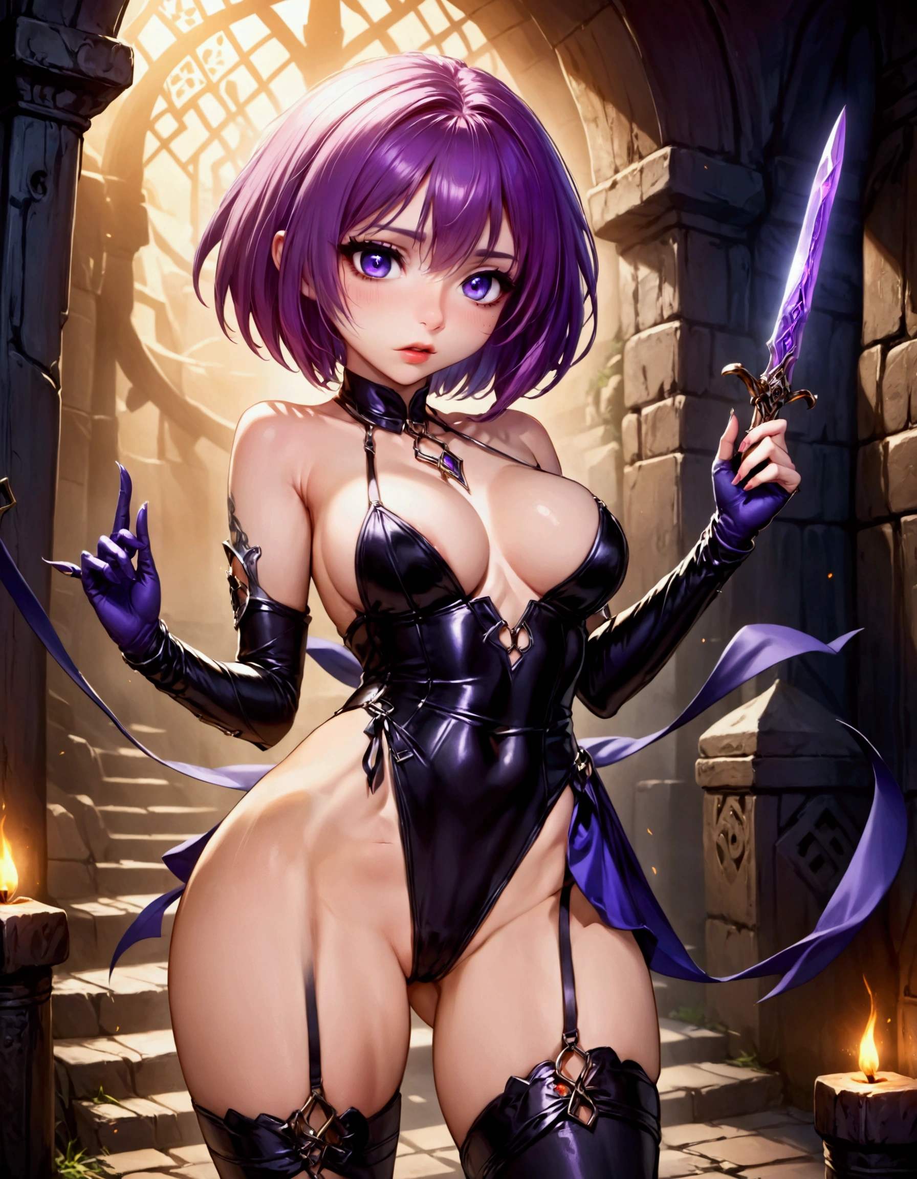 A cute woman is an evil elf (ivory skin, violet hair, violet eyes, extremely small sexy outfit, daggers in hand) she is in a menacing sexy stance, dungeon
