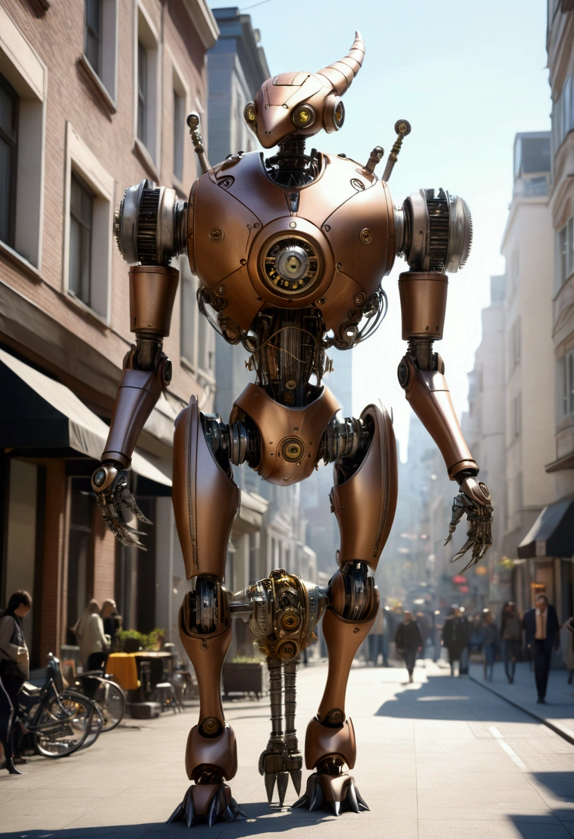 sexy mechanical creature walking in the city, daylight