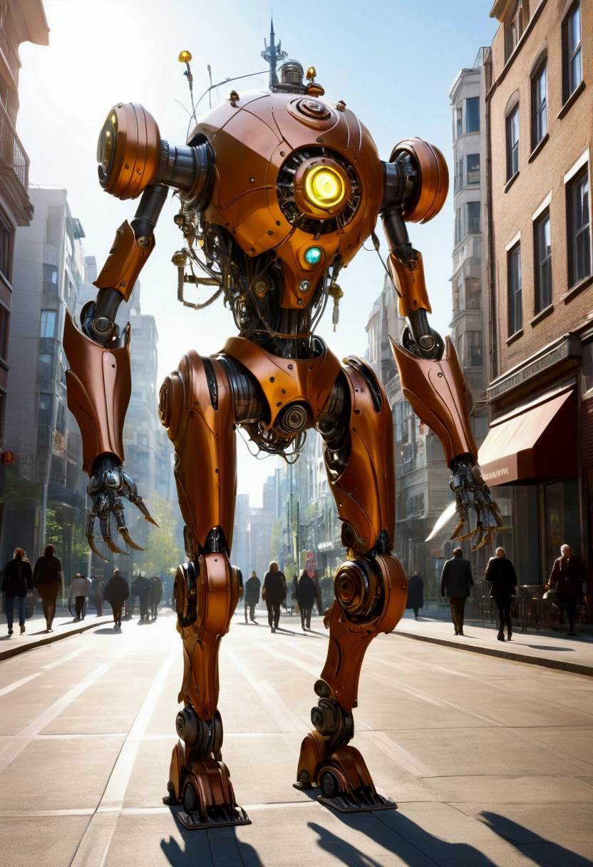 sexy mechanical creature walking in the city, daylight
