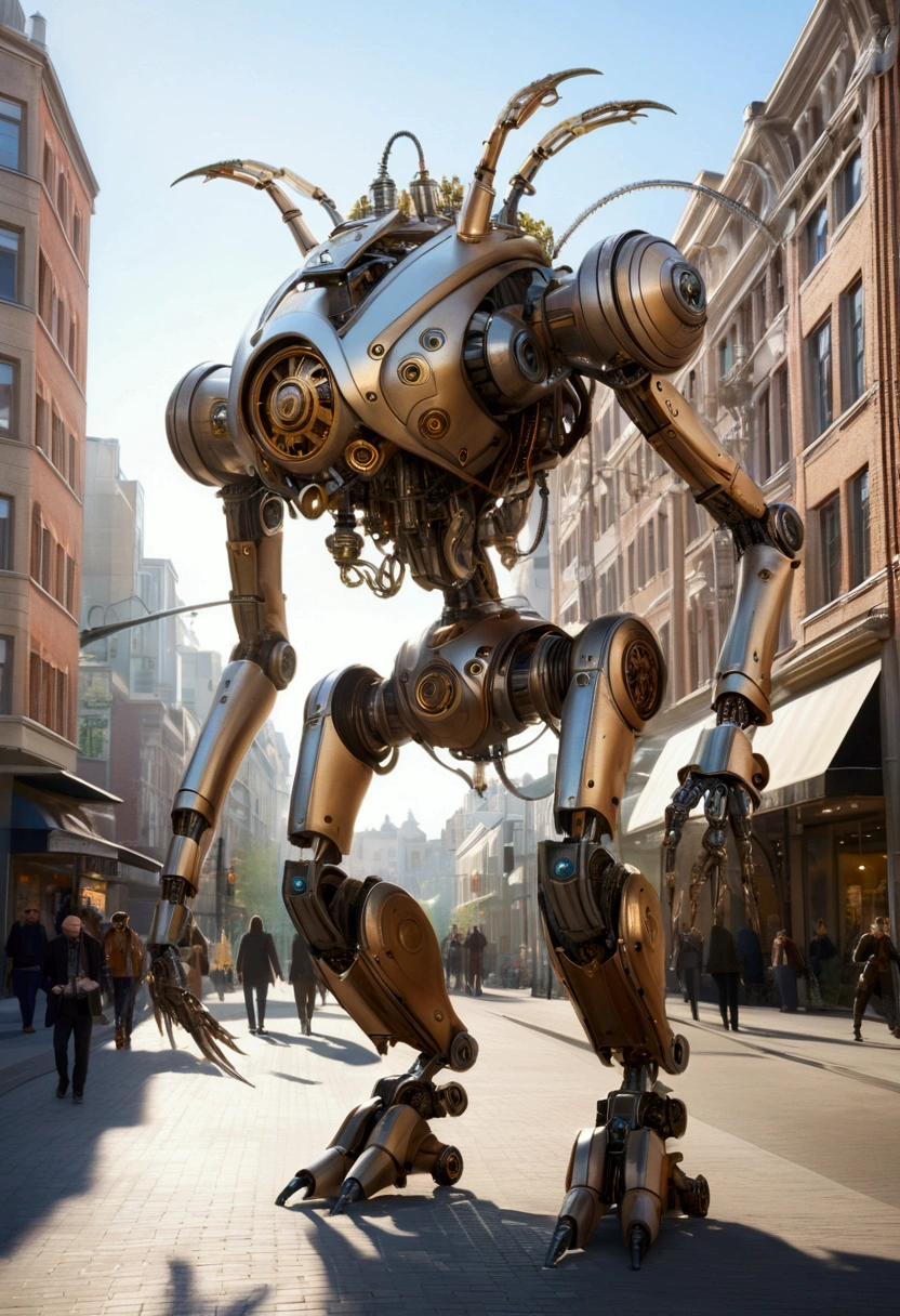 sexy mechanical creature walking in the city, daylight