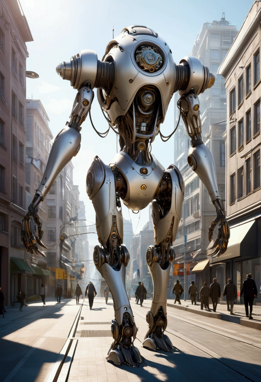sexy mechanical creature walking in the city, daylight