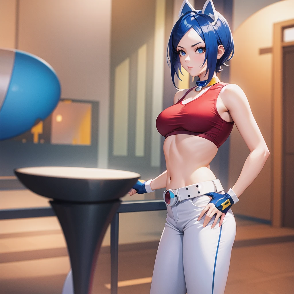 (at night), alone, in a video game scene a background of a beautiful city during the day raining, standing at attention, semi-short blue hair, anime frog face blouse, white flared pants, wears blue exercise gloves, has round glasses on her head, WEARS a RED scarf around her neck, huge belt with big round evilla, ((blue hair)), 1 girl, alone, 20 years old, young woman, perfect hands, beautiful and perfect fingers, long legs beautiful, perfect legs, beautiful body, beautiful nose, beautiful character design, perfect face, look at the viewer with serious gesture and in attack position (focusing on his face), closed mouth, Light_Smile, official art, CG unity wallpaper Extremely detailed 8k, perfect lighting, bright and colorful front lighting, glowing skin (masterpiece: 1.0), (best_quality: 1.0), ultra-high resolution, 4K, ultra-detailed photography, 8K, HDR, high resolution, nonsense: 1.2, Kodak portra 400, film grain, blurred background, bokeh: 1.2, lens flare, (vibrant_color:1.2), professional photography, (beautiful_face: 1.5), (narrow waist),
