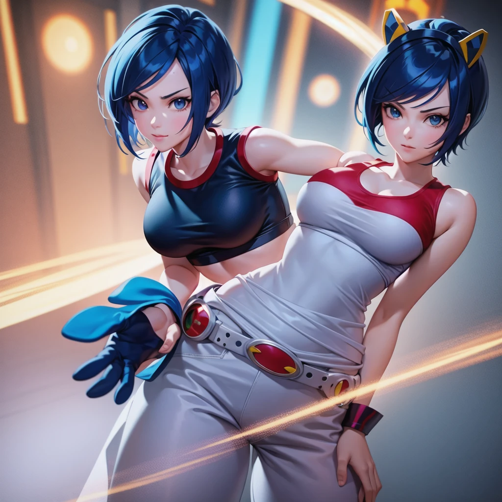 (at night), alone, in a video game scene a background of a beautiful city during the day raining, standing at attention, semi-short blue hair, anime frog face blouse, white flared pants, wears blue exercise gloves, has round glasses on her head, WEARS a RED scarf around her neck, huge belt with big round evilla, ((blue hair)), 1 girl, alone, 20 years old, young woman, perfect hands, beautiful and perfect fingers, long legs beautiful, perfect legs, beautiful body, beautiful nose, beautiful character design, perfect face, look at the viewer with serious gesture and in attack position (focusing on his face), closed mouth, Light_Smile, official art, CG unity wallpaper Extremely detailed 8k, perfect lighting, bright and colorful front lighting, glowing skin (masterpiece: 1.0), (best_quality: 1.0), ultra-high resolution, 4K, ultra-detailed photography, 8K, HDR, high resolution, nonsense: 1.2, Kodak portra 400, film grain, blurred background, bokeh: 1.2, lens flare, (vibrant_color:1.2), professional photography, (beautiful_face: 1.5), (narrow waist),
