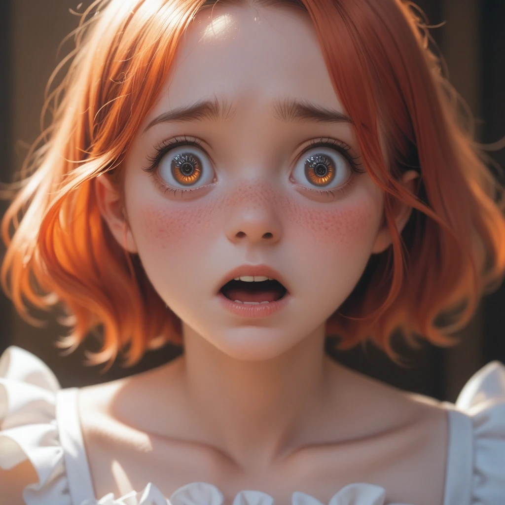 (embarrassed), red hair, orange hair, WeriArt Style, 1woman, blush, upper body, highly detailed eyes, hires, collarbone, frilled dress, open mouth