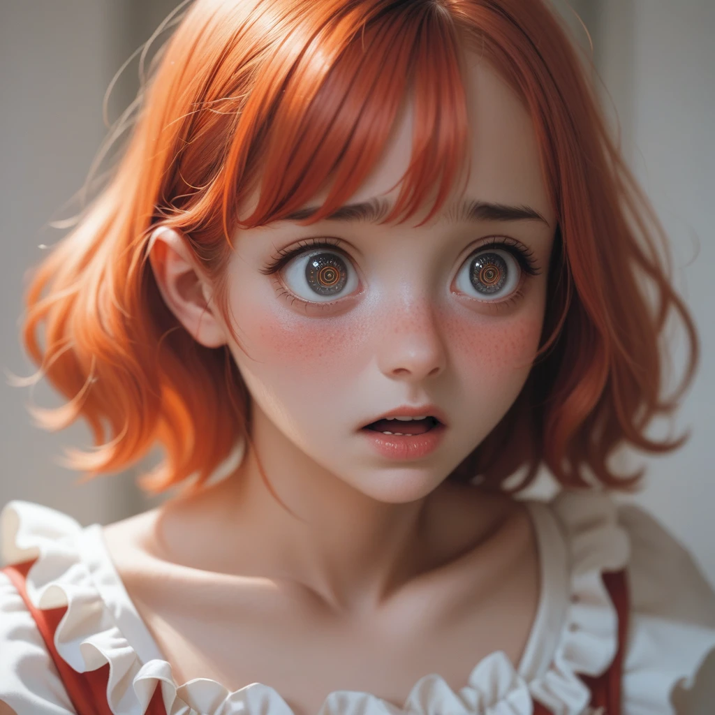 (embarrassed), red hair, orange hair, WeriArt Style, 1woman, blush, upper body, highly detailed eyes, hires, collarbone, frilled dress, open mouth