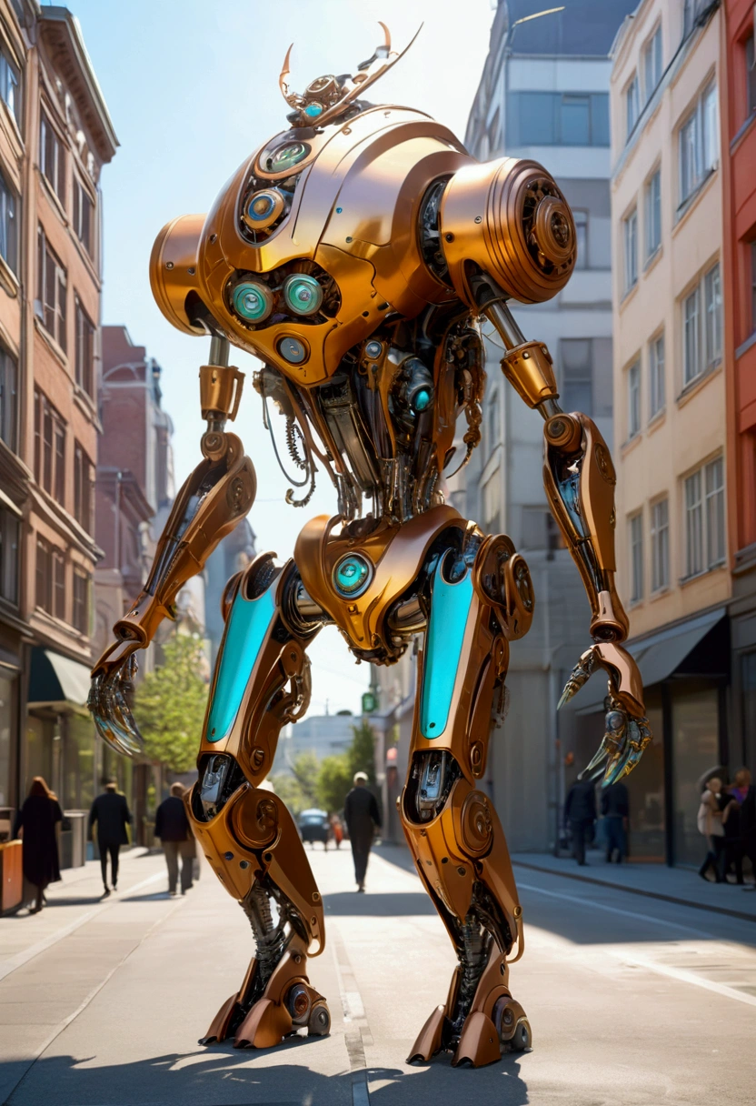 sexy mechanical creature walking in the city, daylight