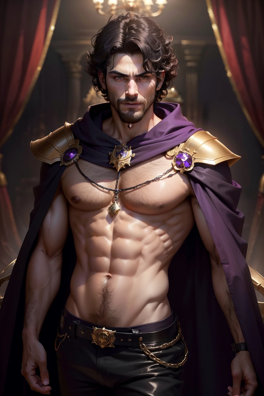 (8k,shipmentsrrealista shipments Maximum quality;1.4) (ung boy) Super cute hairy torso of the king of the underworld (lifelike face) (Medium curly hair camersim hair) slenderbody Muscular and macho Crimson and crimson aristocratic costume with big purple eyes camersim decoration Fangs peeking out of the mouth Pointed claws a seductive gaze Beautiful expression A hyper-realistic (King of the Underworld) appealing (real looking skin) super high resolution high détail Luxurious black and camersim pants Camersim aura emanating from the body effect dark purple cloak