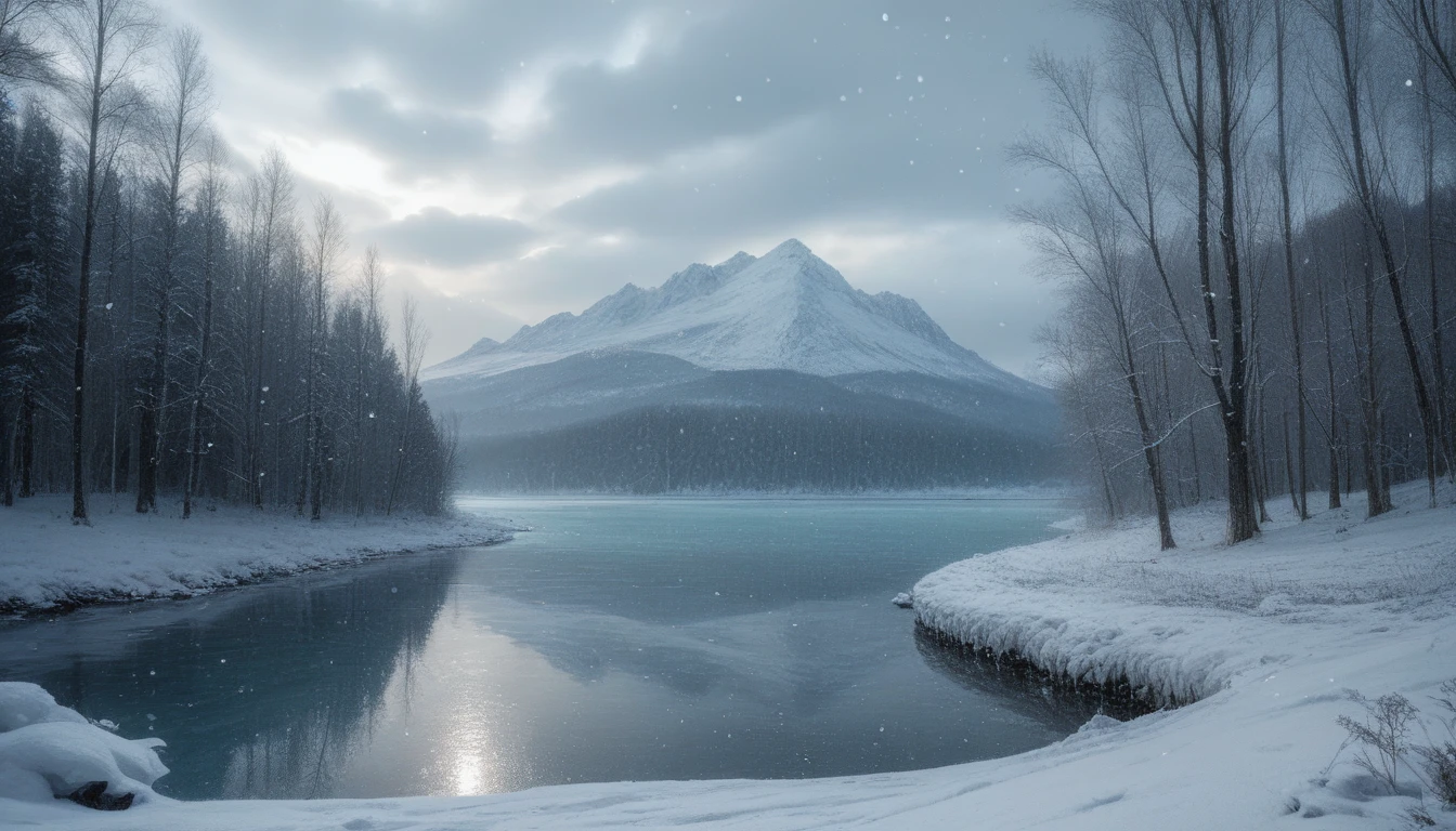 A snowy landscape, a winter wonderland, heavy snowfall, snow-covered trees, beautiful detailed snowflakes, high quality 8k resolution, photorealistic 3D render, cinematic lighting, cold tones, dramatic shadows, natural light, icy environment, frozen lake, dramatic sky, dramatic lighting, beautiful details