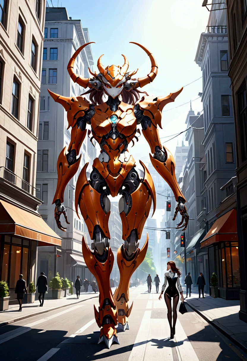sexy mechanical creature walking in the city, daylight