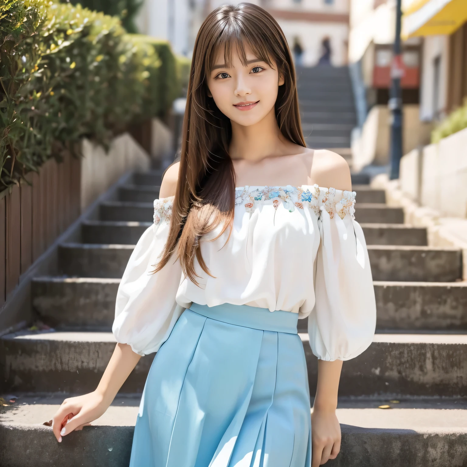 (Calm and gentle look:1.6), (Full Body Shot:1.3), (panorama:1.8), Cinema Lighting, ((Highest quality)), (RAW Photos, Highest quality), ( Realistic:1.4), realism, masterpiece, Very delicate and beautiful, Very detailed, 4K wallpaper, wonderful, finely, Very detailed CG unity 8k wallpaper, Very detailed, High resolution, Soft Light, Japanese, (one shot:1.9), (22 years old:1.6), (Round face:1.2), (Fat:0.8), (A neat and clean woman:1.5), Beautiful detailed woman,Famous Japanese actresses, Detailed face, finelyて美しい目, Very detailedな目と顔, Beautiful eyes and a beautifully detailed nose, Ultra HD glossy lips, (Straight Hair:1.4), Shiny Hair, Shiny Hair, Brown Hair, (bangs:1.4), Long, slender legs, Toned body, (Smiling:1.4), Natural Makeup, (LET IT PASS, white, Elaborately Embellished Off-the-Shoulder Blouse:1.3), (LET IT PASS, floral pattern, Light blue, Long skirt, Pleated skirt:1.2), (pumps:1.2), Accentuate your body lines, (Building district, A model posing on the stairs in the city:1.5),