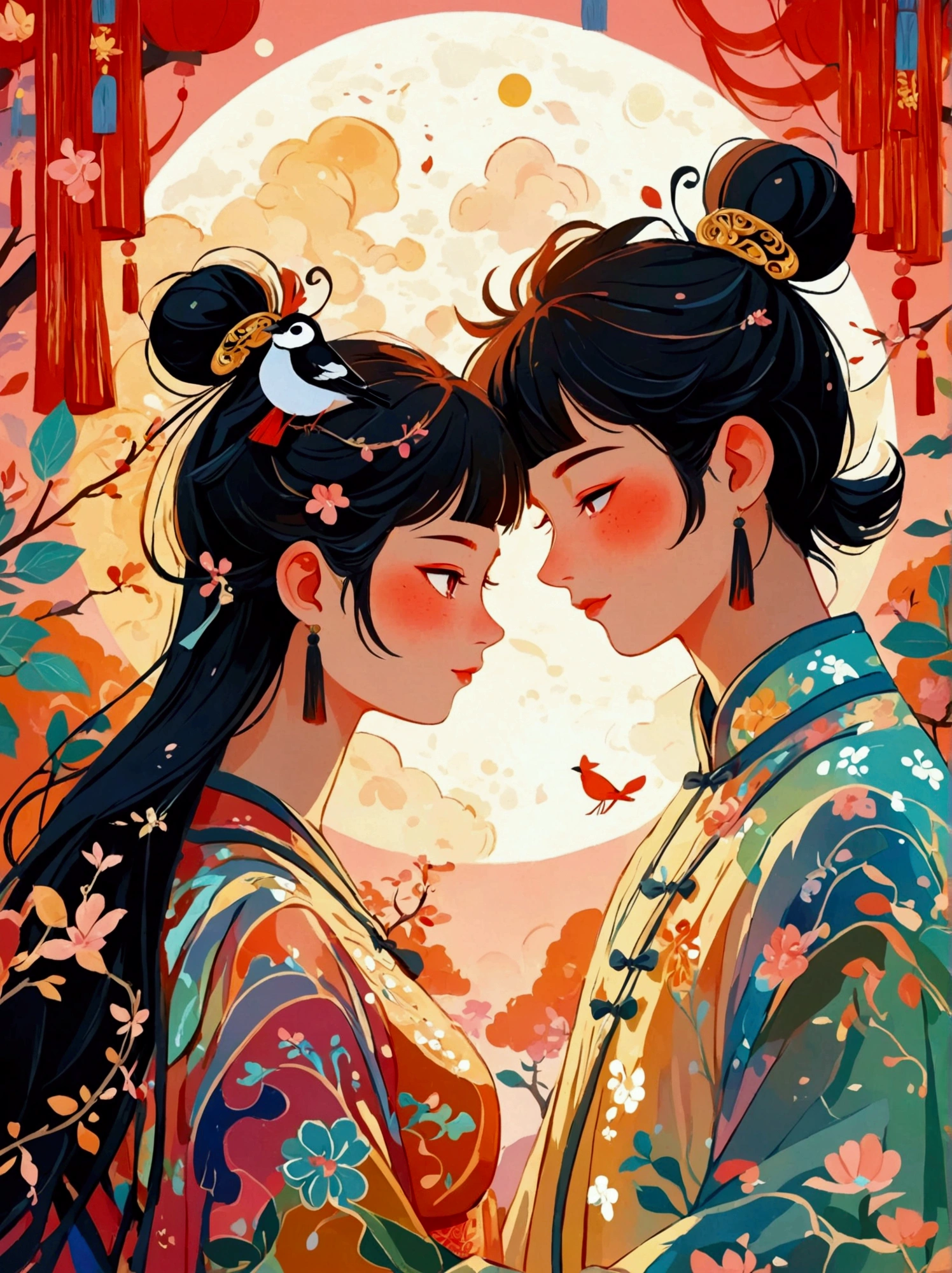 (8k,Bright colors,Bright,Ultra high saturation,rgb, Colorful), Cartoon, Character Design, Surreal photos,Ancient Chinese Lovers, tanabata, The Cowherd and the Weaving Maid, Magpies on the Moon, Simple Vector Art, soft color palette, Abstract Painting, was, Abstract Covering Art with Light, Contemporary Chinese Scholars, Color gradient, Layered Forms, Whimsical Animation, Ethereal Abstract Style, Romanticism, Minimalism, Ghibli-like colours, anime style, anatomically correct, textured skin, masterpiece, uhd, accurate, award winning, 8k, best quality