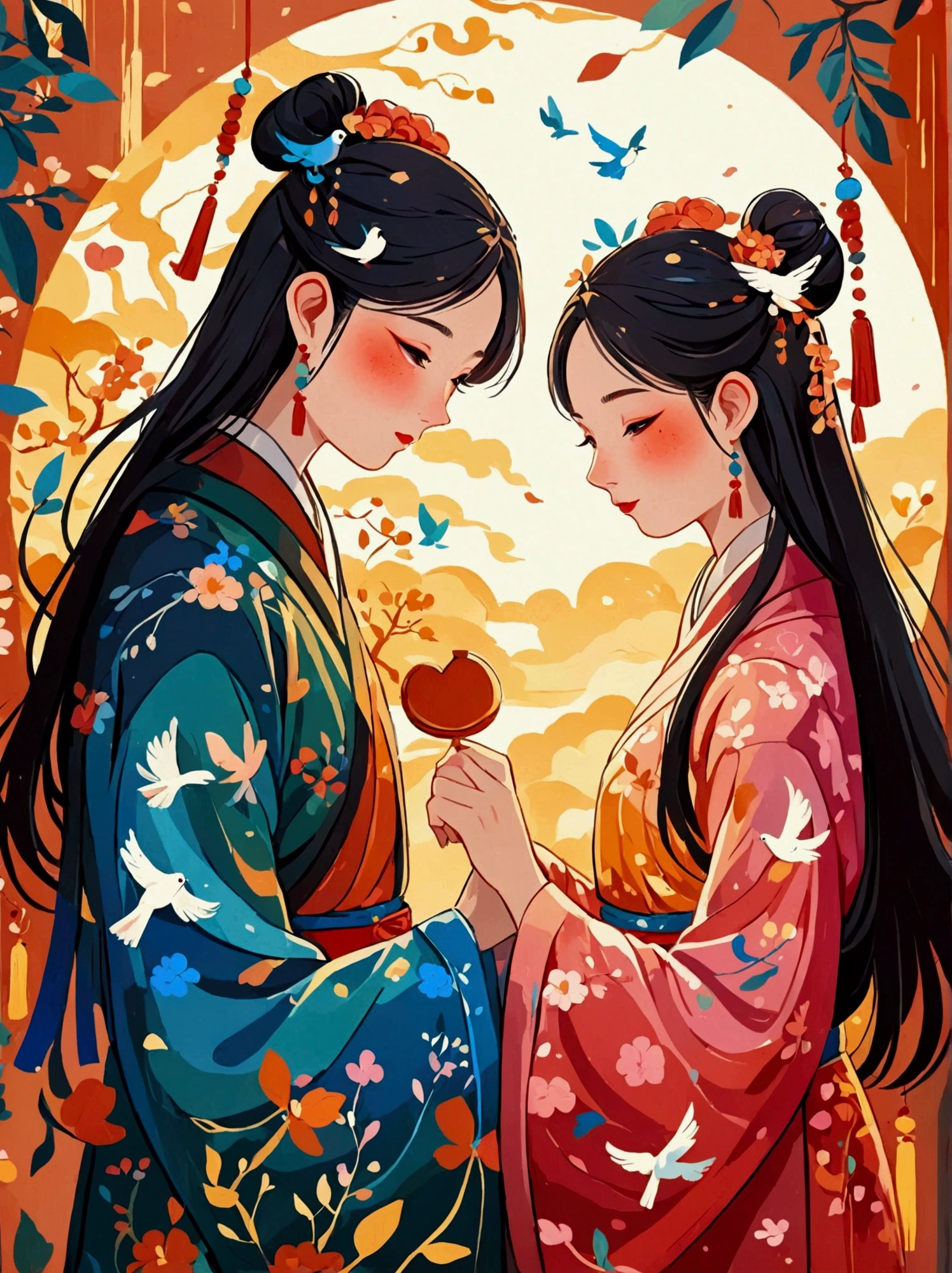 (8k，Bright colors，Bright，Ultra high saturation，rgb, Colorful), Cartoon, Character Design, Surreal photos，Ancient Chinese Lovers, tanabata, The Cowherd and the Weaving Maid, Magpies on the Moon, Simple Vector Art, soft color palette, Abstract Painting, was, Abstract Covering Art with Light, Contemporary Chinese Scholars, Color gradient, Layered Forms, Whimsical Animation, Ethereal Abstract Style, Romanticism, Minimalism, Ghibli-like colours, anime style, anatomically correct, textured skin, masterpiece, uhd, accurate, award winning, 8k, best quality