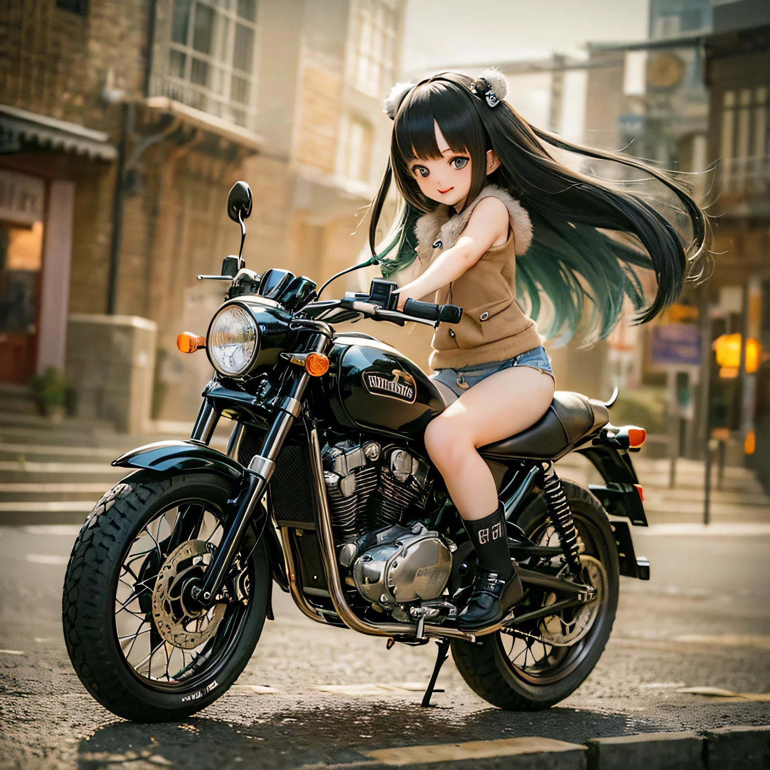 (Highest quality,High resolution:1.2), girl,Adorable chibi style,Vibrant colors,Fantasy Landscape,Riding on motorcycle,Magical Environment,Twinkle Star,The wind that makes your hair flutter,Expressions of joy,Amazing adventure,A playful atmosphere,Beautiful sunset,Amazing sensations ,Sharp details,Traditional ink painting style,Soft and gentle lighting,Whimsical charm,Nostalgic atmosphere,Expressive eyes and fur,What a lovely outfit!,Fast movement,Inspirational urban backgrounds,Playful interactions,Winding Road,Smiles and laughter,Childlike wonder,Burning with excitement,Artistic brush strokes and textures,Quick and agile movements,The dimension of imagination,True friendship and camaraderie,Unique and dynamic poses,Dazzling Light,Exhilarating ride.