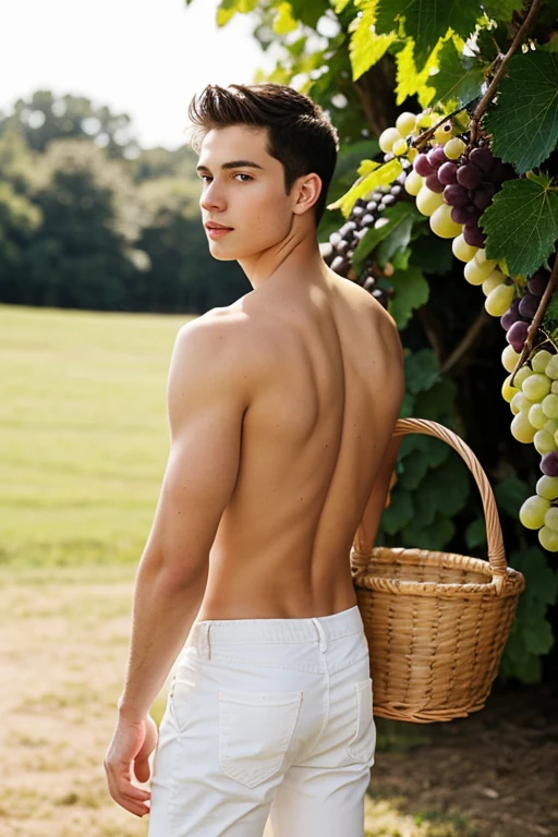 Young cute handsome white skinny soft skin beautiful face shirtless back in grape u with a basket