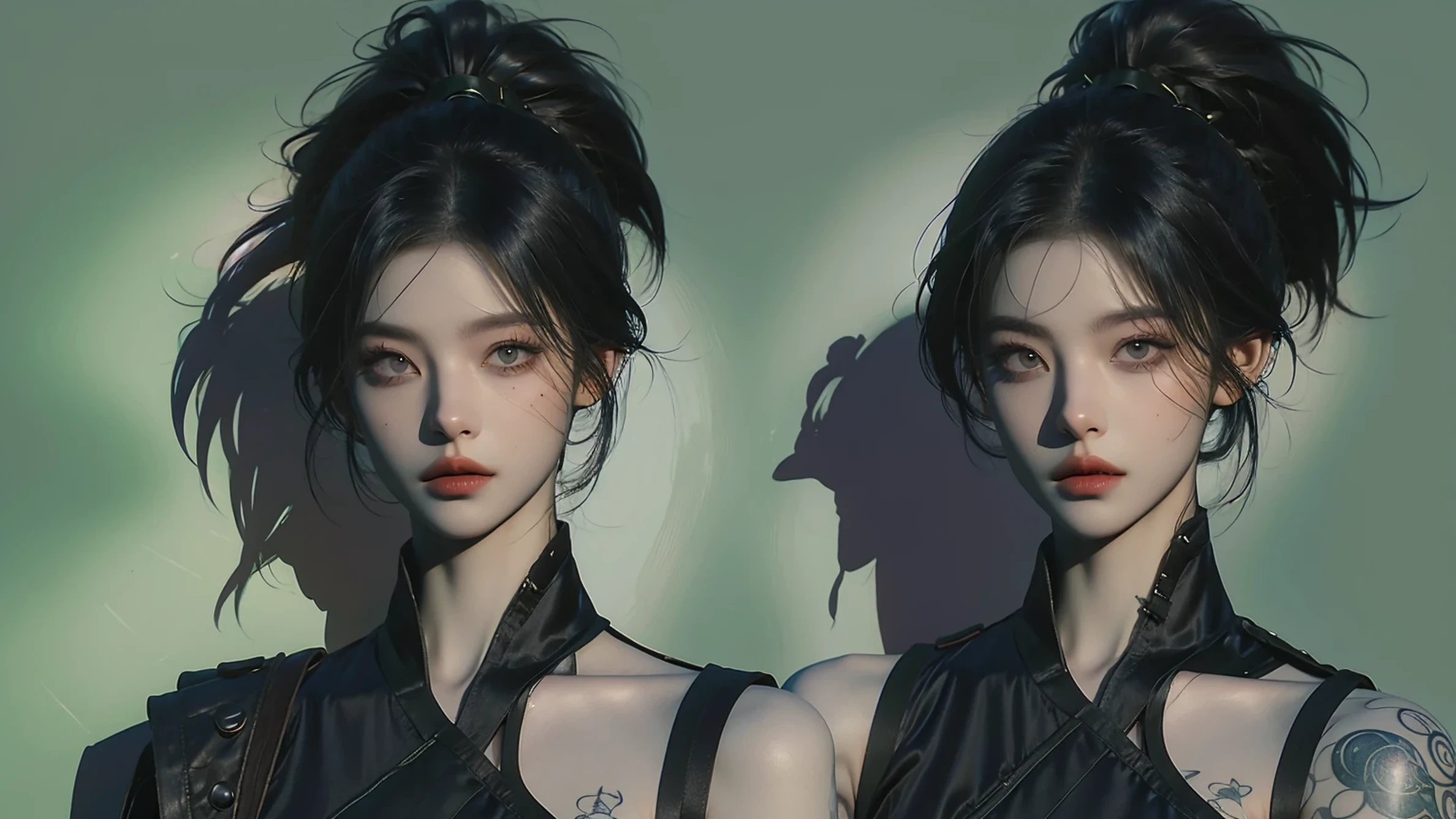 lifelike, high resolution,League of Legends,Akali,High Ponytail,high resolution,raw picture,Shoulder tattoo,Rich background,game design,filter,dark void,Hollow,Light and Shadow Art,texture,wallpaper,Character details HD,Model Effect。Background forest,War wind。