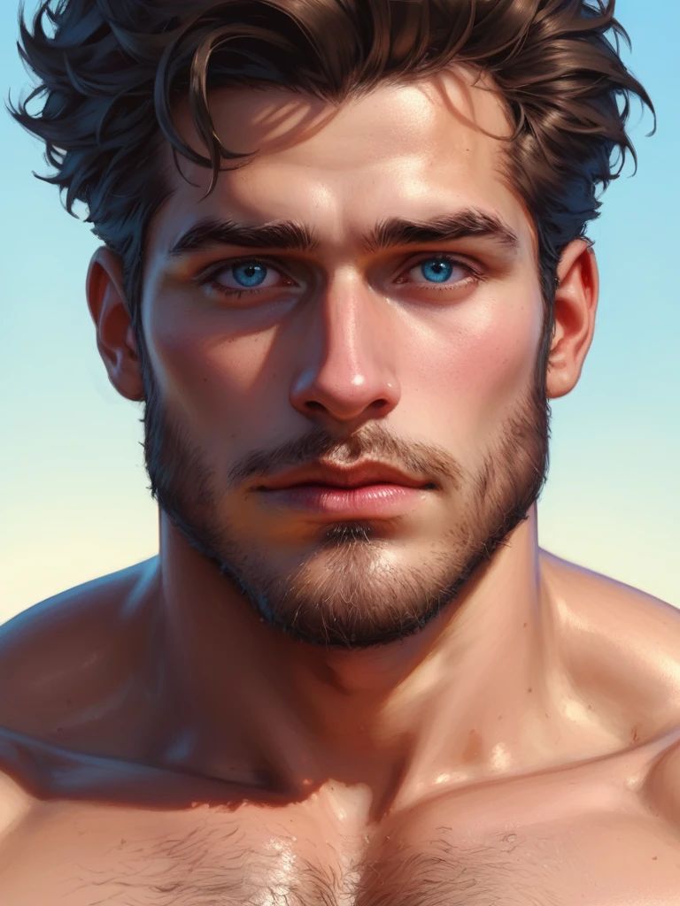 punctuation_9, punctuation_8_High above, realisitic, a handsome man, chest showing, body hair, work of art, best qualityer, high resolution, Close-High above portrait, bad, greek god, fancy, league of legends style, beautiful figure painting, shine light, amazing composition, from front view , HDR, volumetric lighting, ultra quality, chic, highy detailed, fully body. hairless. thick and big penis. excitado