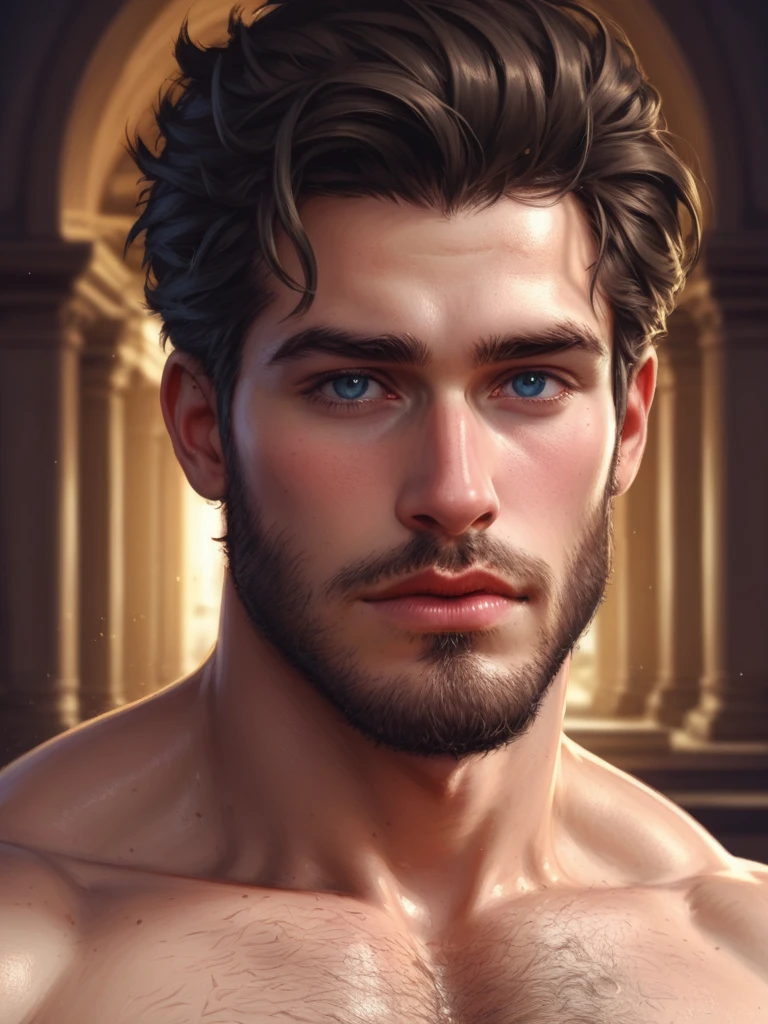punctuation_9, punctuation_8_High above, realisitic, a handsome man, chest showing, body hair, work of art, best qualityer, high resolution, Close-High above portrait, bad, greek god, fancy, league of legends style, beautiful figure painting, shine light, amazing composition, from front view , HDR, volumetric lighting, ultra quality, chic, highy detailed, fully body. hairless. thick and big penis. excitado