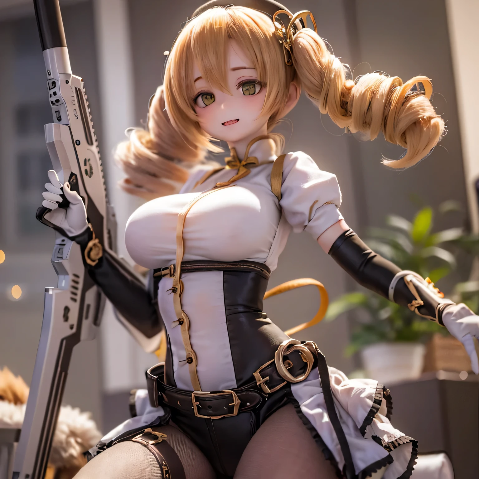 (Tabletop), Ultra-detailed with the highest quality,, Expressive eyes, Perfect Face huge Laughter Close your mouth (((Upper body naked))) Mami Tomoe of Madoka Magica Sexy pose of a musket with a completely seductive smile (clavicle:1.0)15yo Ultra High Resolution Photorealistic Side Tail Curl Gun Holding Gun Holding Combat Suit