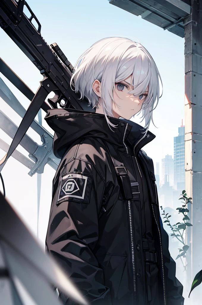 man, white hair, black eyes, black hunter outfit, serious face