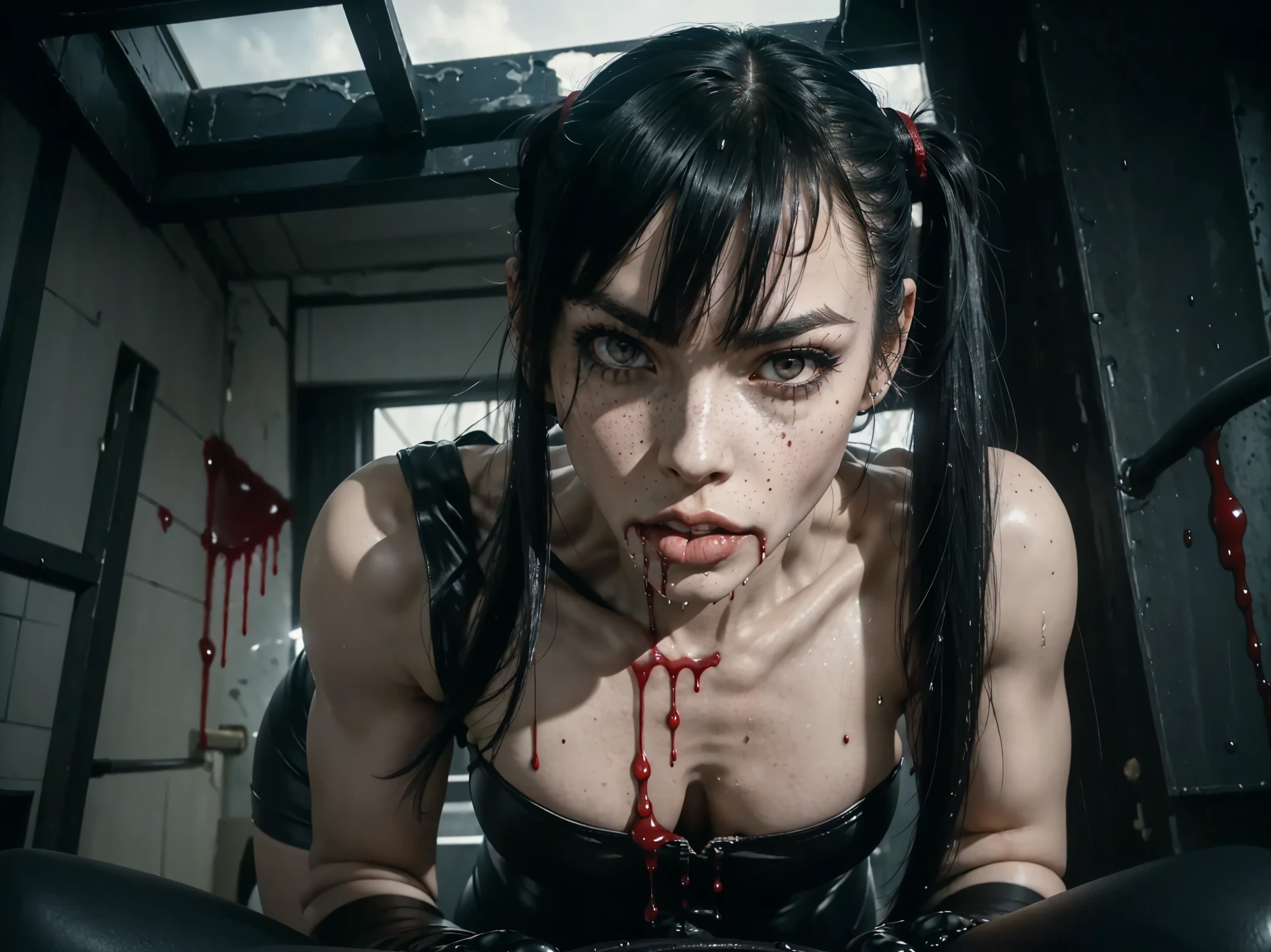 (((red dripping blood))), Her full body is shown giving a deep , (She is sucking on a man's  to the hilt), she is biting into a man's  with her sharp fangs intense, super slutty,, POV imamate insertion, (skintight slutty and revealing ), helpless and at a giantesses mercy ,the 2 women are looking down at you at their feet, ((POV from a Giantess's soon to be human )), ((skirt/pantyhose)), perfect legs and skinny thighs, pantyhose, ((perfect tight )), tight wet , giantess, dread, impending death, , domination, ((Perfect eyes and face)), ((closed wet full lips)), ((perfect hands and fingers)), ((( a lot of white  is dripping out of her ))), ((she has a skinny and toned strong body)), ((makeup)), ((freckles)), ((perfect eyebrows)), ((sharper edges)), ((perfect scary grey eyes)), perfect intimidating face, slut, sadistic, predatory, better detail on her skin, perfect face and strong jawline, perfect full wet lips, sadistic atmosphere, wet sweaty skin, more detail, beautiful intimidating grey eyes, ((beautiful horror)), better lighting, more toned muscles, perfect detail on her intimidating eyes, very tight , ((tight )), (((tighter clothing))), slutty, intense, perfect detail, tight and , ((piercings)), skinny, skinny and strong, more skin showing, intense, slutty, freckles, long skinny perfect legs, scary and intense, she is a skinny and toned 25 year old  and perfect and intimidating Japanese/American skinny/tone futuristic evil retribuition alice, pale white skin, eye contact, (full tall body is shown), (((hair with short ponytails and bangs))), , perfect face and eyes, she has a skinny and athletic body wearing pantyhose, only her full body is shown above the viewer looking down at him, perfect face, perfect strong jawline, perfect lips, best resolution, perfect bone structure, femdom, she has a skinny and toned young perfect body and legs, tight stockings 