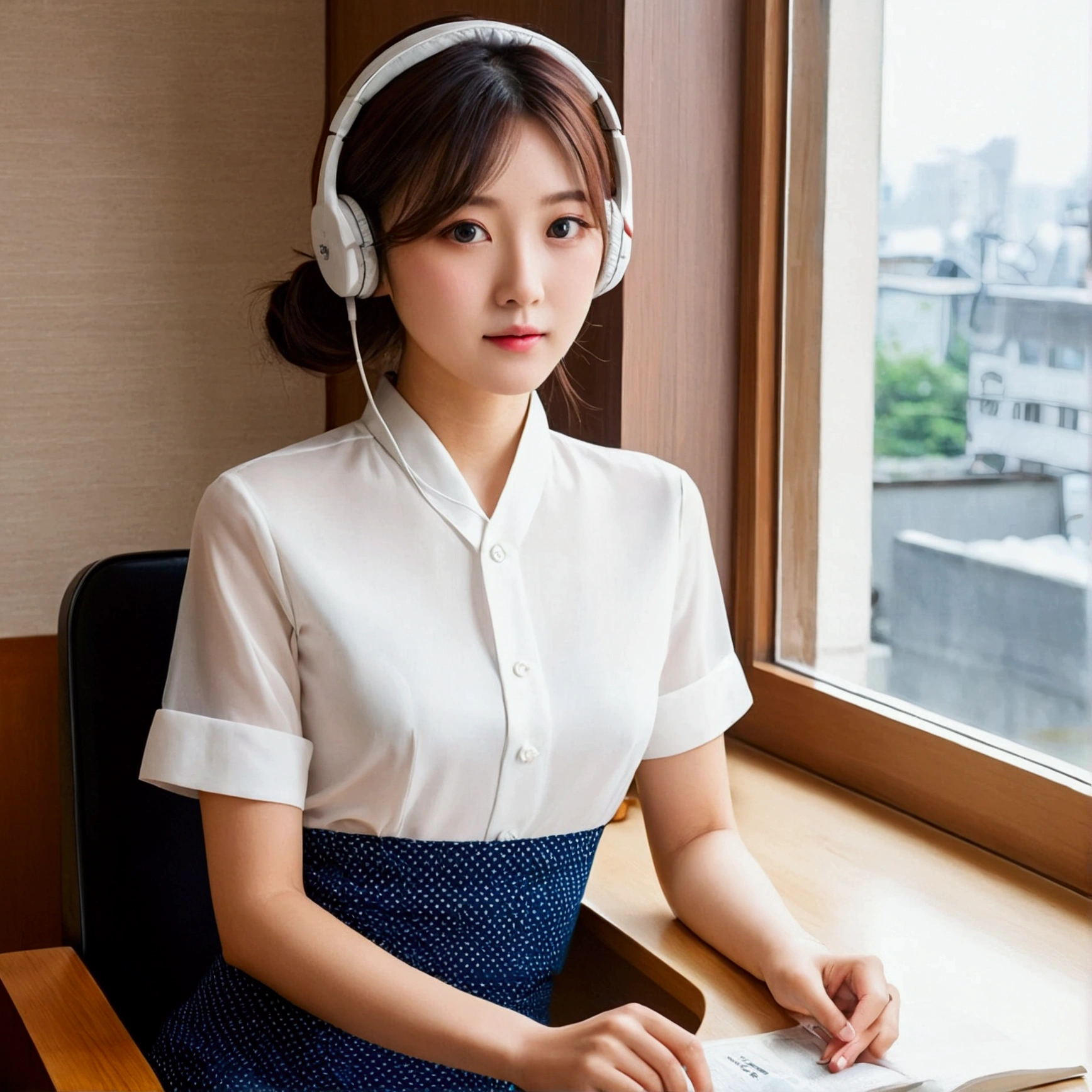 I sat on a chair in a room with a window and a desk.、Listening to the radio receiver on the desk、Young beautiful Japanese girl。Cute face。Hair up。 Staring at the radio receiver。The bust is large、The waist is narrow and tight。The skin is fine and white。The expression is refreshing and cheerful.。Dress code: short-sleeved white blouse、mini skirt。He has a headset on his head