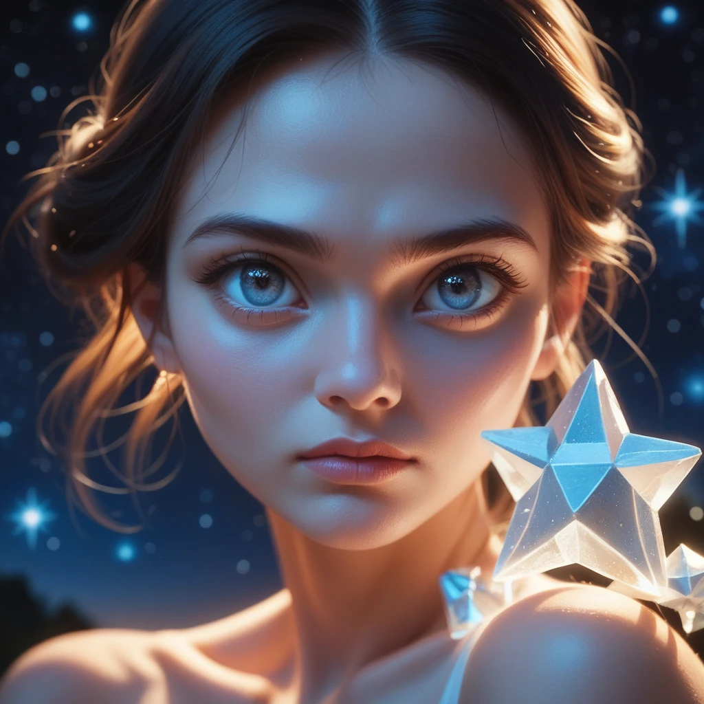 Masterpiece, Superb Girl, Cute Girl, Bust, High Detail Eyes, Perfect Eyes, Portrait, High Detail Face, Same Eyes, Glare, Rainbow Color, Global Illumination, Soft Light, Dream Light, Digital Painting, 8K Close-up, Fantasy, Night Sky, Stars, Nebula, White Crystal, Moonlight, Serenity, Summer, (8K:1.1)