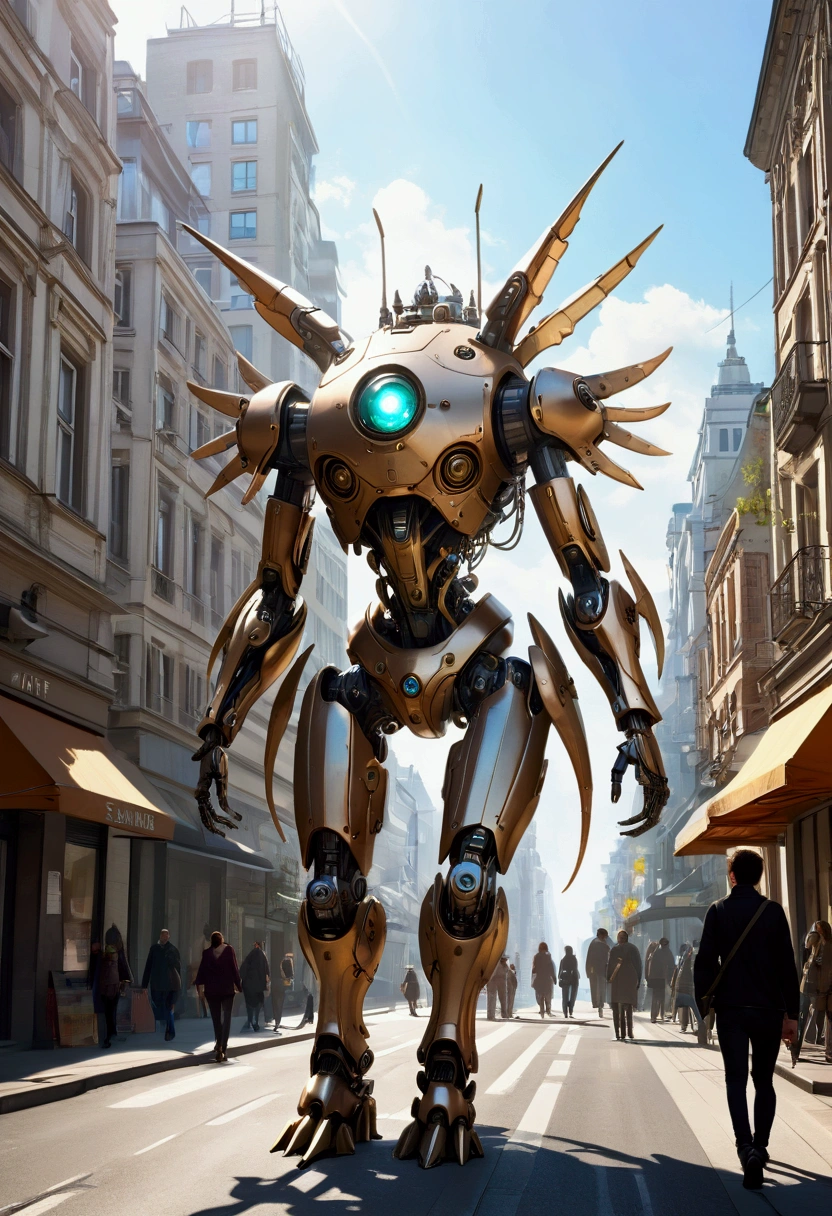 sexy mechanical creature walking in the city, daylight