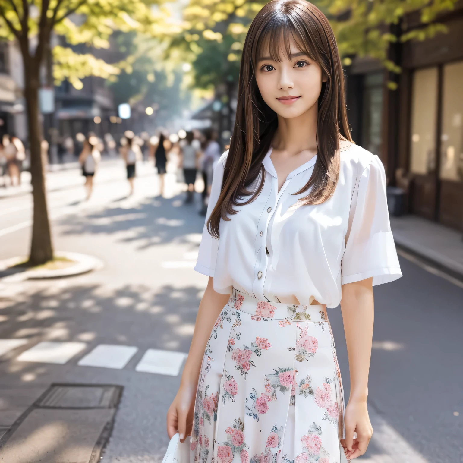 (Calm and gentle look:1.6), (Full Body Shot:1.3), (panorama:1.8), Cinema Lighting, ((Highest quality)), (RAW Photos, Highest quality), ( Realistic:1.4), realism, masterpiece, Very delicate and beautiful, Very detailed, 4K wallpaper, wonderful, finely, Very detailed CG unity 8k wallpaper, Very detailed, High resolution, Soft Light, Japanese, (one shot:1.9), (22 years old:1.6), (Round face:1.2), (Fat:0.8), (A neat and clean woman:1.5), Beautiful detailed woman,Famous Japanese actresses, Detailed face, finelyて美しい目, Very detailedな目と顔, Beautiful eyes and a beautifully detailed nose, Ultra HD glossy lips, (Straight Hair:1.4), Shiny Hair, Shiny Hair, Brown Hair, (bangs:1.4), Long, slender legs, Toned body, (Smiling:1.4), Natural Makeup, (LET IT PASS, white, Elaborately decorated short sleeve blouse:1.3), (LET IT PASS, floral pattern, Pale purple, Long skirt, flare skirt:1.5), (pumps:1.2), Accentuate your body lines, (Building district, Posing as a model on a tree-lined street in the city:1.5),