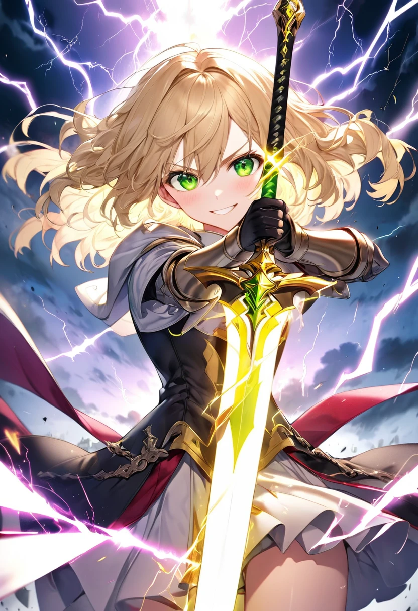 Blonde Wavy Hair、Teenage Girl、Arrogant personality、Holy Knight、Fearless Smile、Green Eyes、He is huge, Shining golden sword、Lightning Control、electrified、Hair stands on end、strongest、In combat