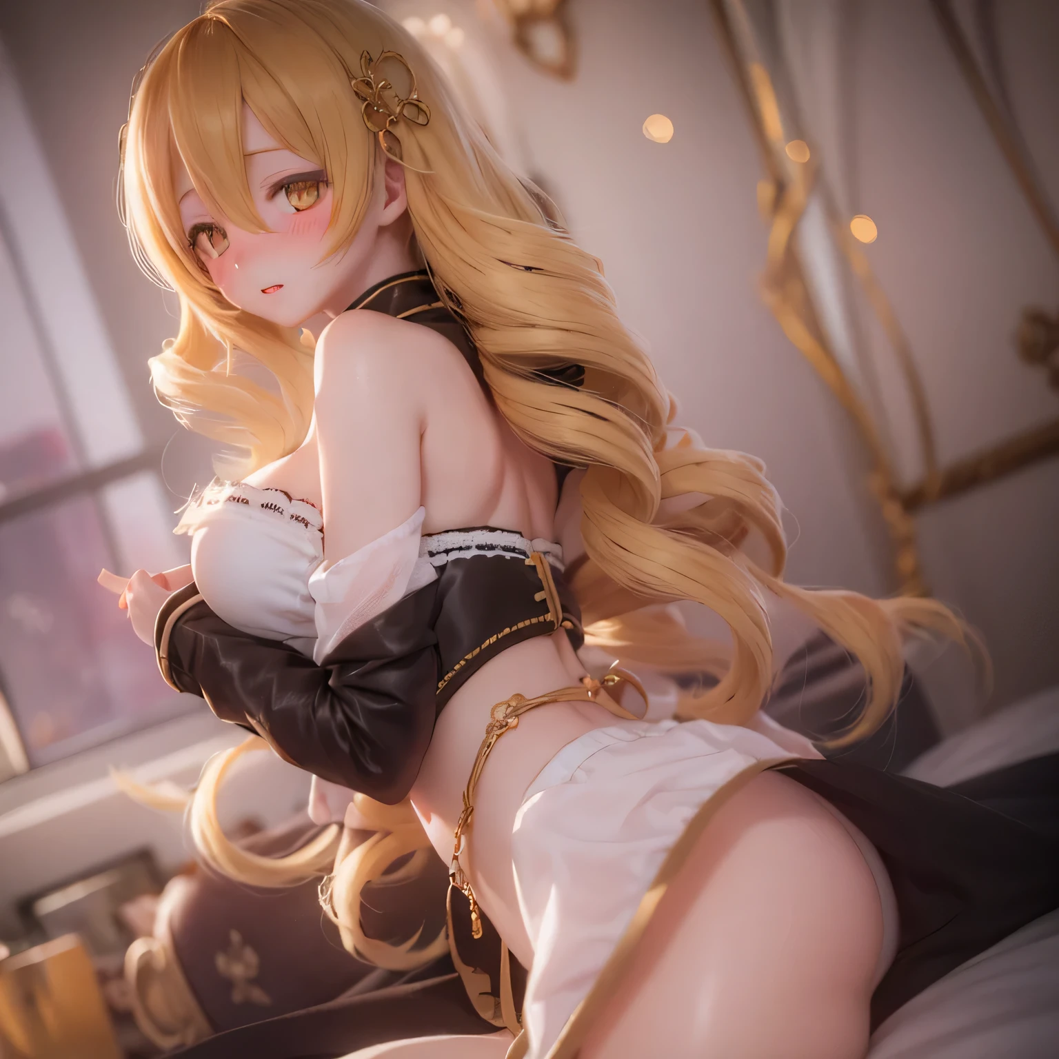 detailed, Beautiful woman with expressive eyes, Perfect Face, Long golden hair, Golden Eyes, Pでk Lips, Attention to detail, Anime Style, Bright colors, cute, Thick and sensual lips, Curvaceous and sensual body, blush, Rye and bed. poor、Looking back over her shoulder in a sexy pose