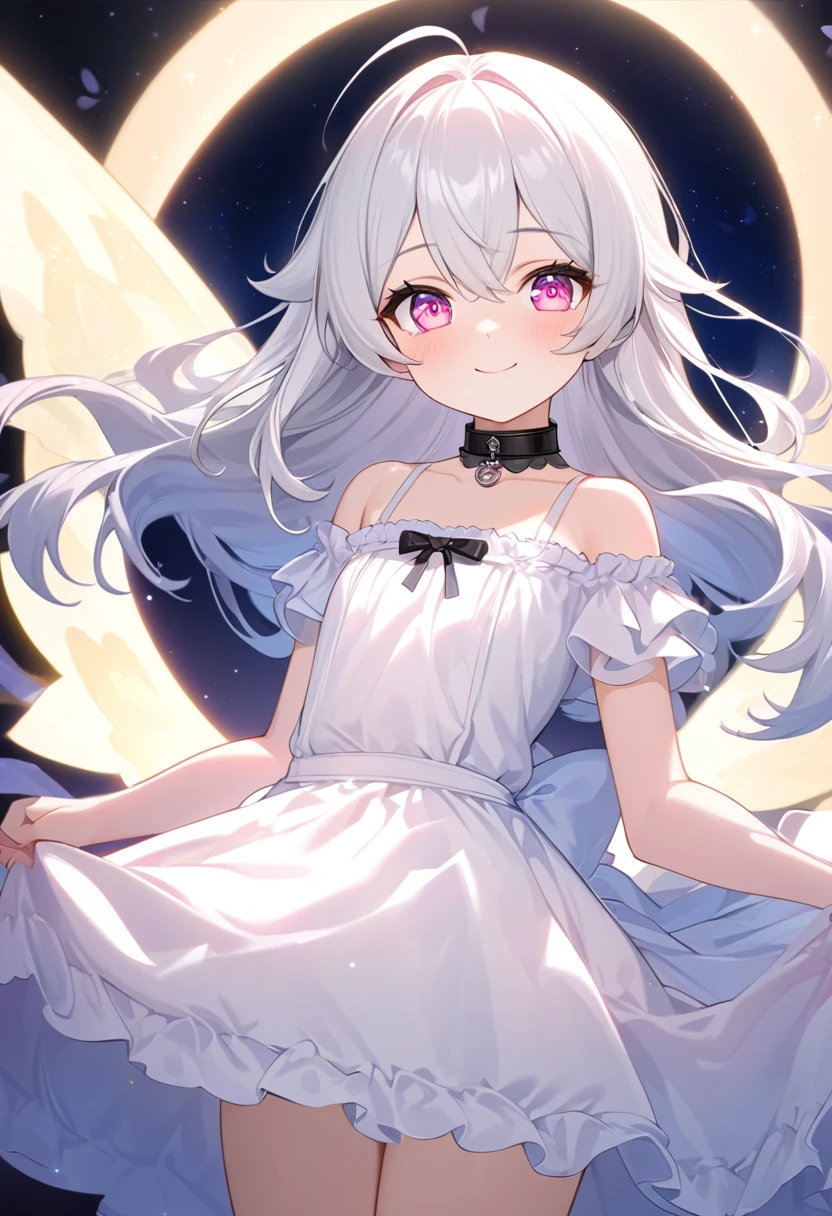 A portrait of white hair girl(( long)) hair, pink eyes, smile a little. The back is very small、Lolita、Small breasts、、exterior: 、
Outfit: A white long night dress Black collar(apron). Shoulder Bare、The clavicle is visible、Sexy white thighs.
(( radient light., cute, girl, ❤️💗💕😳😳🫶🏻)), add_detail:1, add_detail:0, add_detail:0.5, birthday arte, genshin birthdayhighest quality, High resolution, unity 8k wallpaper, (shape:0.8), (Beautiful and beautiful eyes:1.6), Highly detailed face, Perfect lighting, Extremely detailed CG, (Perfect hands, Perfect Anatomy),