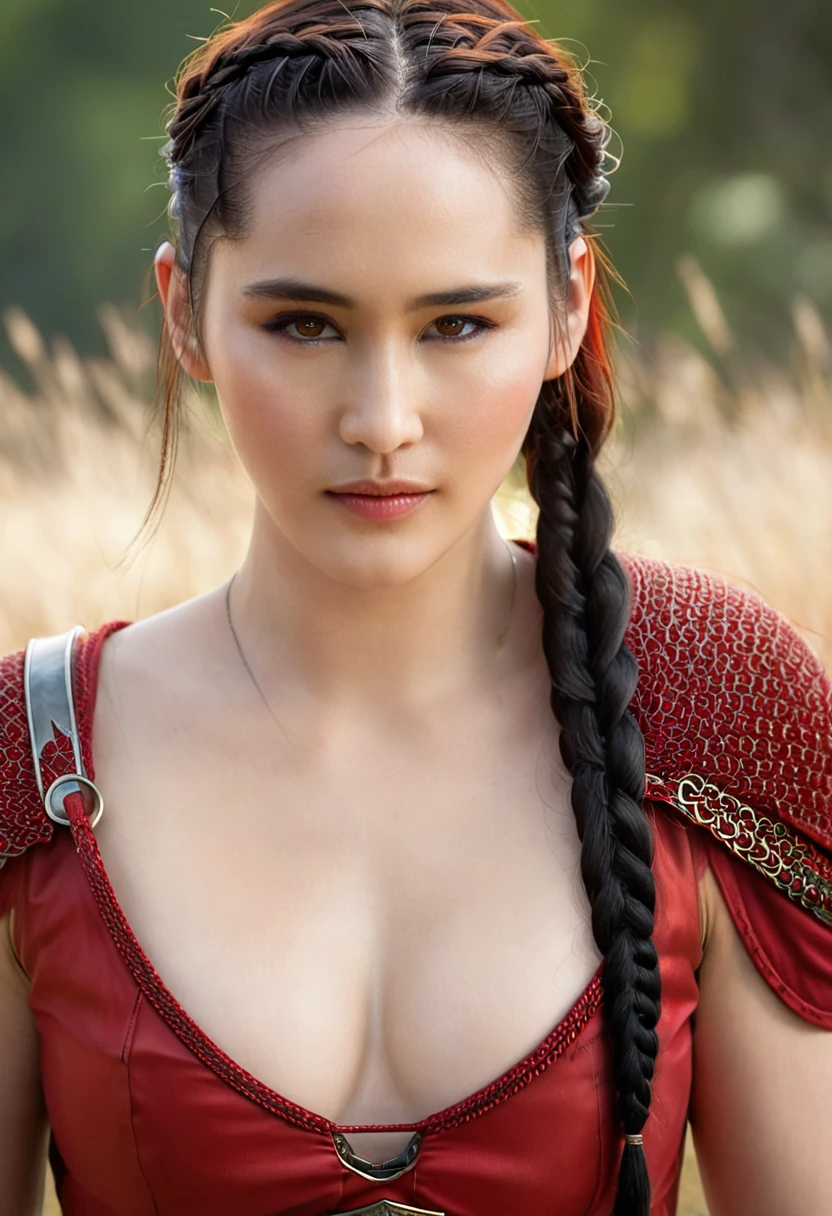 ​masterpiece,  Christina Chong beautiful face, narrowed eyes. smirk. black braided hair, beautiful elf, (delicate red transparent armor), (medium breasts), (perfect body), (redblonde, length hair), outside, (Skin texture:1.1), best quality, ultra high resolution, RAW-Foto, Nikon D850, Contre-Jour, rim light, bright sunlight, film grain:1.2, (warm hue, warmer Ton:1.2), (color photo), Fantasy Battlefield Background,
