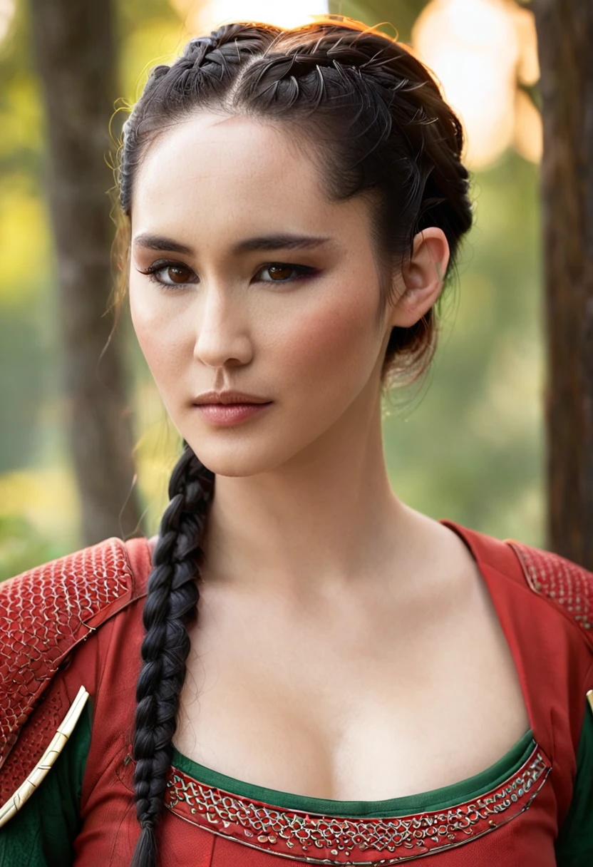 masterpiece, Christina Chong beautiful face, narrowed eyes. smirk. black braided hair, beautiful elf, (delicate red transparent armor), (medium breasts), (perfect body), (redblonde, length hair), outside, (Skin texture:1.1), best quality, ultra high resolution, RAW-Foto, Nikon D850, Contre-Jour, rim light, bright sunlight, film grain:1.2, (warm hue, warmer Ton:1.2), (color photo), Fantasy Battlefield Background,