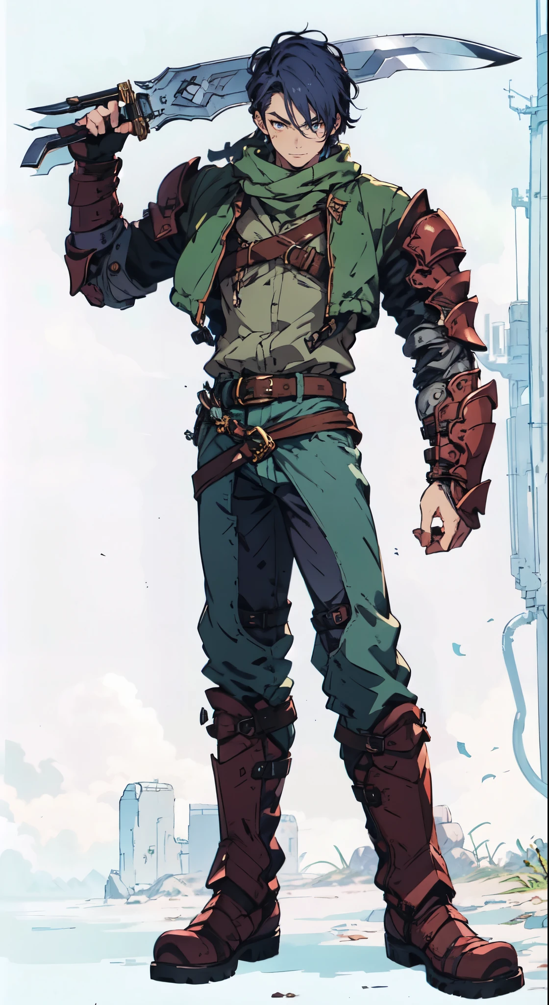 (masterpiece:1.2, best quality:1.2, extremely delicate:1.2), ((male:1.5)), a young man with short blue-purple hair, side-swept bangs covering one eye, a confident expression, a scar on the bridge of his nose, a slight smile on his lips, a dark green scarf around his neck, a fantasy-reality style rogue outfit, an open dark short vest, a layered futuristic tight armor underneath that emits a silver-blue glow, small fitted shoulder armor, matching arm guards and shin guards, a two-piece leather belt at his waist, layered canvas trousers, tall boots, he holds a serrated blade horizontally behind him with his raised right hand, standing imposingly on a windy and sandy hillside, this character embodies a finely crafted fantasy-reality-style rogue in anime style, exquisite and mature manga art style, dramatic, high definition, highres, ultra-detailed, ultra-fine painting, professional, perfect body proportions, golden ratio, anatomically correct, symmetrical face, extremely detailed eyes and face, high quality eyes, creativity, RAW photo, UHD, 32k, Natural light, cinematic lighting, (masterpiece-anatomy-perfect:1.2)