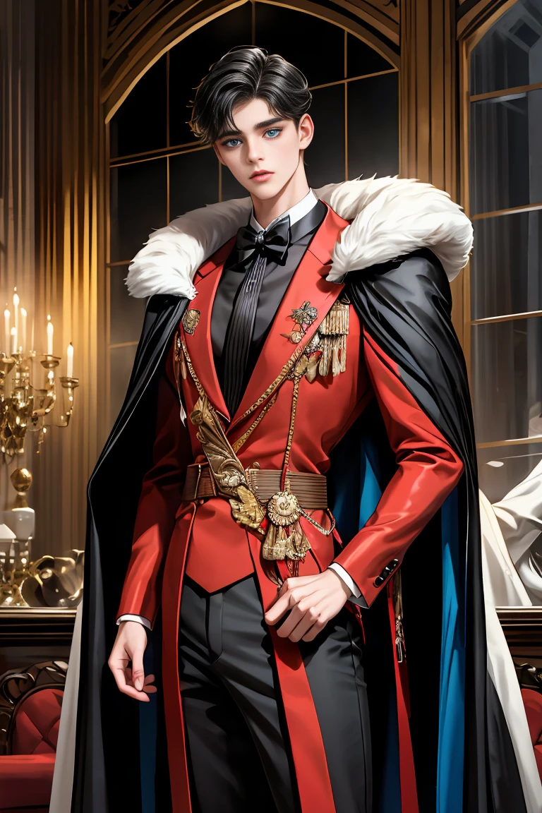 masterpiece, 最high quality, high quality, 1 boy, alone, Male focus, Watching the audience, Messy black hair, Adorable big blue eyes, White, Noble, Noble,A sexy, voluminous, puffy cape、tuxedo、A very voluminous, large, very large, very large, long, long red and black cape with a high stand-up collar, made of a lot of fabric that reaches down to the floor., 17 years old,Cute beautiful boys,Cute, cute, kind, handsome guy