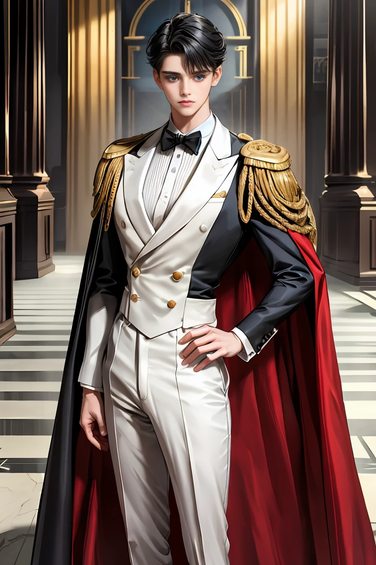 masterpiece, 最high quality, high quality, 1 boy, alone, Male focus, Watching the audience, Messy black hair, Adorable big blue eyes, White, Noble, Noble,A sexy, voluminous, puffy cape、tuxedo、A very voluminous, large, very large, very large, long, long red and black cape with a high stand-up collar, made of a lot of fabric that reaches down to the floor., 17 years old,Cute beautiful boys,Cute, cute, kind, handsome guy