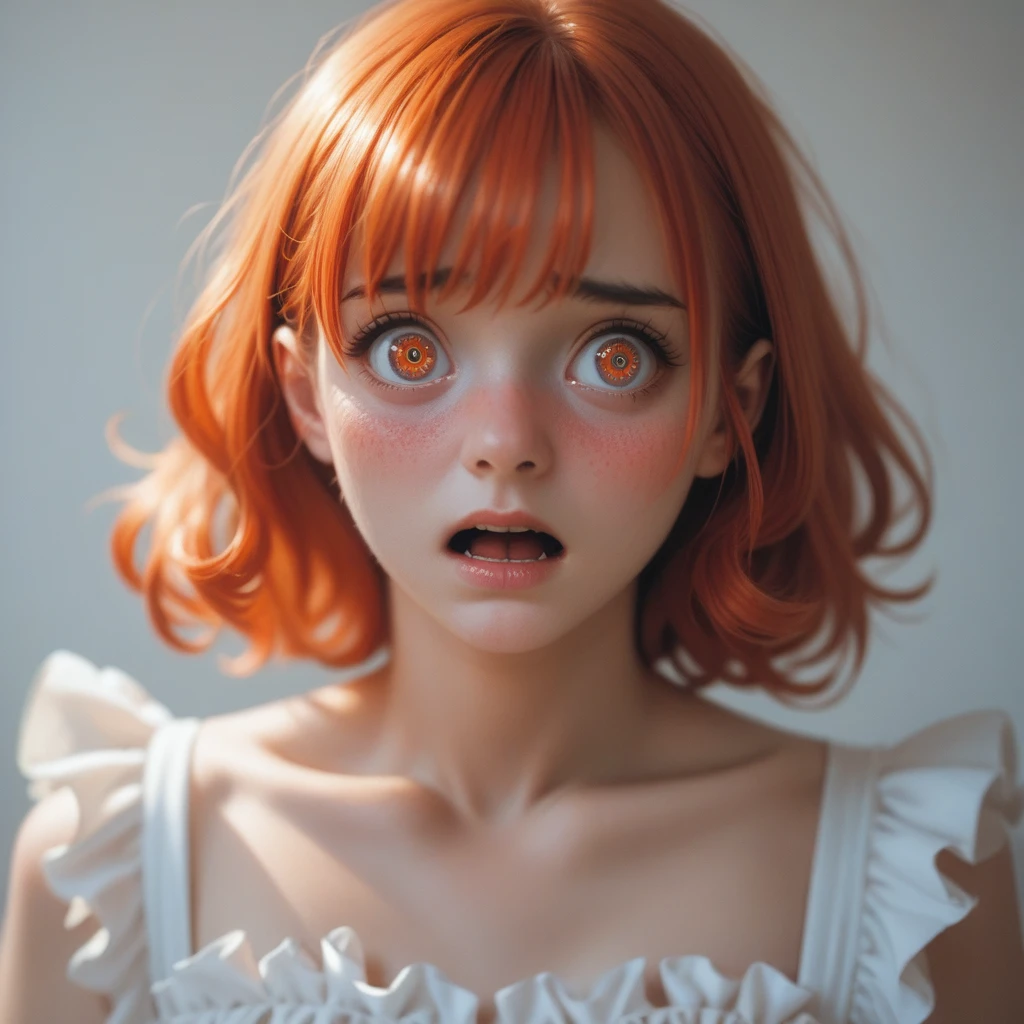 (embarrassed), red hair, orange hair, WeriArt Style, 1woman, blush, upper body, highly detailed eyes, hires, collarbone, frilled dress, open mouth