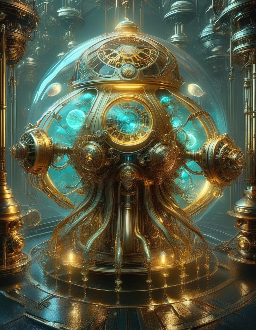 Steampunk mechanical jellyfish, floating underwater, intricate mechanical details, glowing bioluminescent tentacles, powerful propulsion system, advanced weaponry and defense mechanisms, imposing and menacing presence, dramatic lighting, dark and futuristic color palette, highly detailed 3D rendering, cinematic composition, concept art styleDonMSt34mPX、