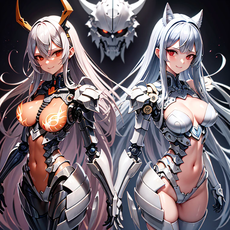 chest, High resolution, sight, smile, Shortcuts, bangs, Red eyes, Headpiece, Bangs between the eyes, head band, Horns of the beast, multiview, Decorative arts, masterpiece, Accurate, Anatomically correct, 最high quality, High resolution, Attention to detail, High resolutionモデル, high quality, Very detailed, Grey Hair, Silver Hair, Intersecting bangs, Hide your ears, Please open your mouth a little, teeth, Smile with teeth showing, Slanted Eyes, multiview, Setting diagram, Status Table, bonus, Character Design画, head band, Mole at the corner of the mouth, Feather Hair Accessories, Cast a Shadow, 8k octane, アニメ, アニメ風, Character Design, Brown Skin、Bone wings on the back、Chest exposure、Shoulder Bare、Mechanical Limbs、Exposure of the belly、Fluorescent orange lines on clothes