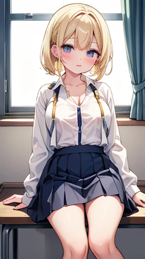 masterpiece, Highest quality, High resolution, sa1, Blonde,  uniform, White shirt, skirt, チェック柄skirt, Open shirt, The bra is very,