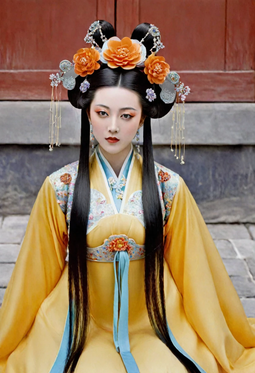 Qing Dynasty Empress in Chinese Imperial Court Playing with her pubic hair Qing Dynasty Empress Chinese Empress Wearing a Large Crown Her hair is decorated with a large flower and a large crown
Her hair is tied up and pulled up. The background is the stone paving outside the Qing Dynasty.