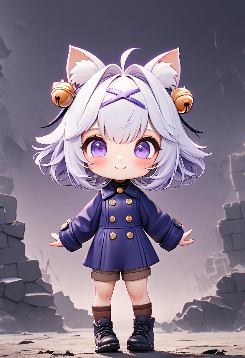 master piece, best quality, ultra-detailed, illustration, 1girl, solo, chibi, (big head), cute pose, front view, looking at viewer, ((full body Close up)), filian, filianoverall, Filiansailor, ((white hair)) , short hair, shoulder length hair, fly-away hair, bangs, (purple hair ornament:1.3), (purple hairclip:1.3), cat ears, (hair bell:1.3) ahoge, purple eyes, blush, smiling, fluffy tail, ((dark blue 6buttons peacoat)), long sleeves, brown knee length shorts, brown knee socks, (dark blue shoes) , battlefield background, gloomy atmosphere, broken castle, broken walls, broken windows